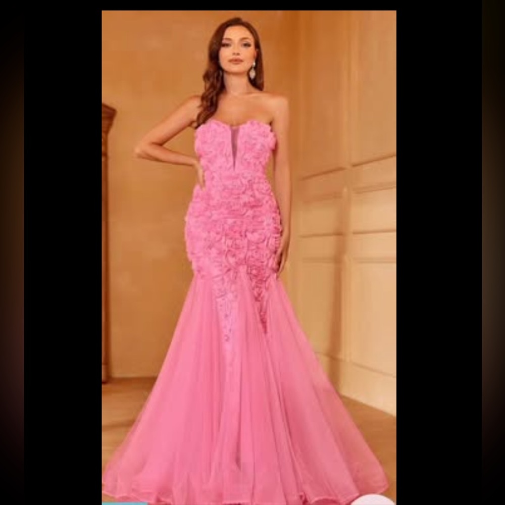 Strapless Pink Floral Appliqué Maxi Gown
